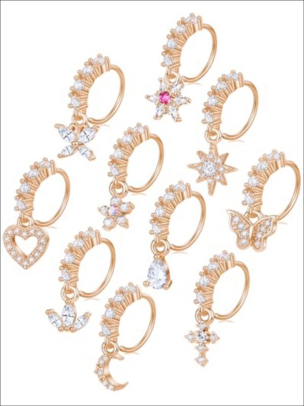 10Pc Dangle Nose Ring Hoop Butterfly Heart Moon Star CZ Cartilage Piercing